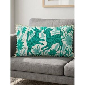 Karma‎ Living Teal Otomi Embroidered Lumbar Pillow Pom Pom Trim Cotton 12x20